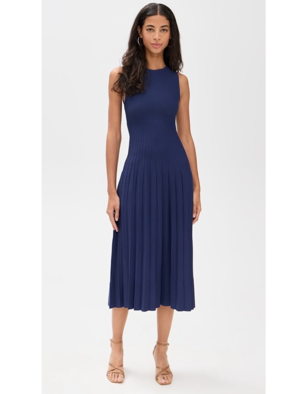 STAUD Navy Pleated Midi Elyse Dress